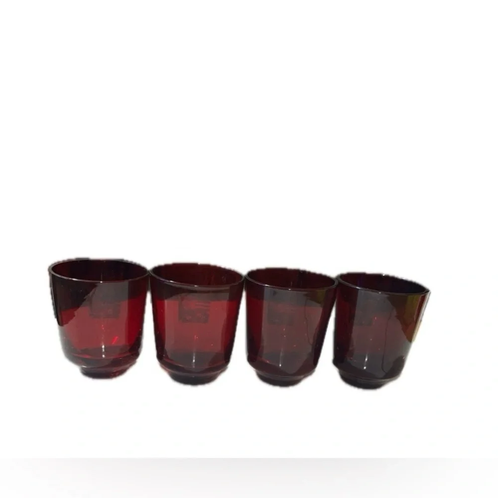 Košice miniature rocks glasses, red, quantity (4), one has a tiny chip on edge.